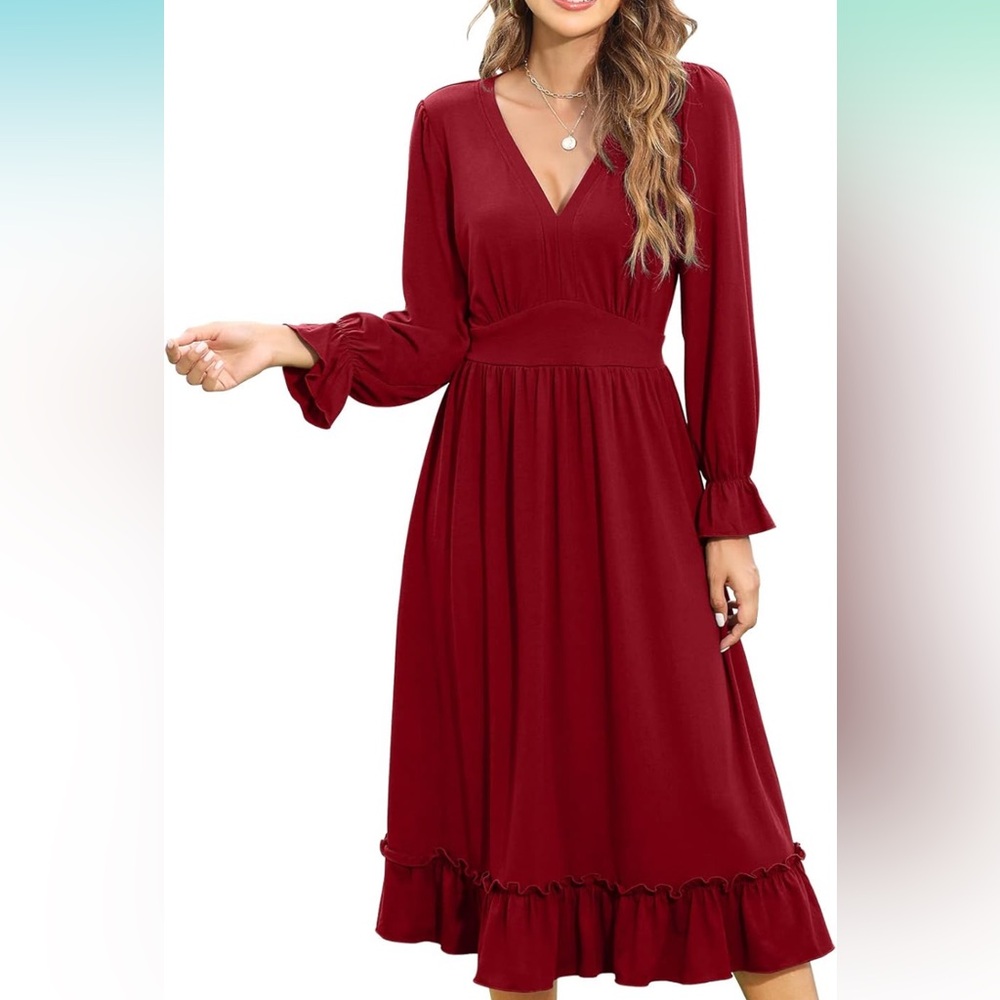 Women's Long Sleeve Midi Dress in Wine Red - Picture 3 of 12